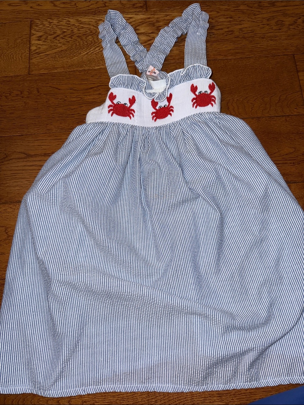 Blue Striped Girls Sundress with Red Crab Smocking